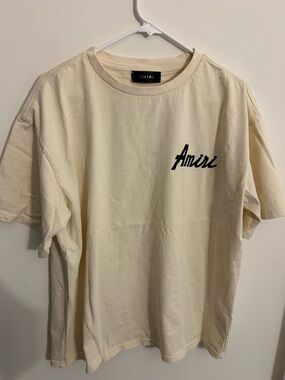 AMIRI Cream Short Sleeve Logo Tee with Black Script